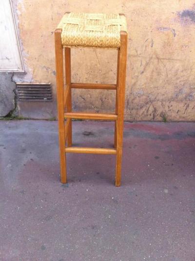  Audoux Minet Audoux Minet Riviera Rarest Rush and Oak Bar with Two Bar Stools