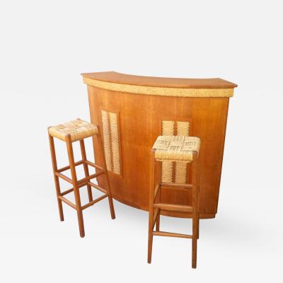  Audoux Minet Audoux Minet Riviera Rarest Rush and Oak Bar with Two Bar Stools