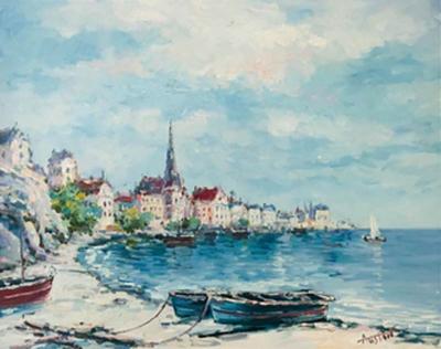  Austin Landscape Beach Town Oil on Canvas Painting Signed by Artist Austin