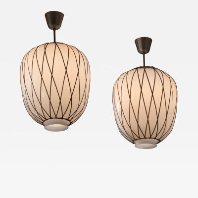  B hlmarks AB Bohlmarks Harald Notini pair of opaline glass and rattan pendants for Bohlmarks