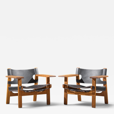  B rge Mogensen Borge Mogensen B rge Mogensen for Fredericia Mid Century Oak and Leather Spanish Chairs Pair