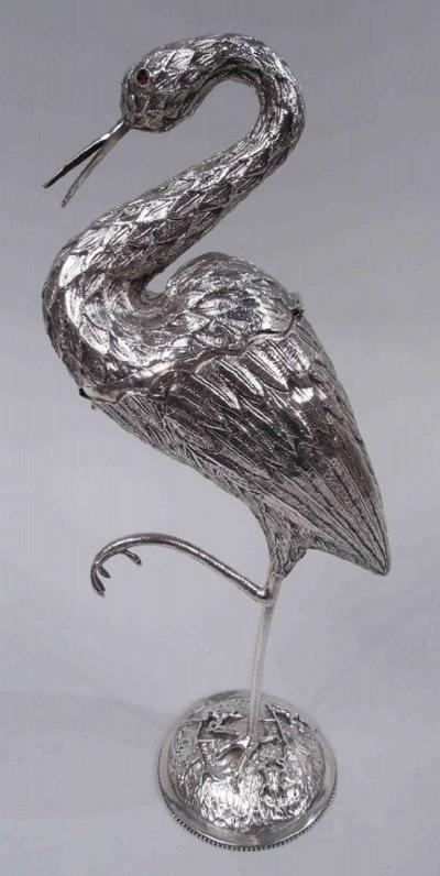  BH Joseph Co Dutch Silver Bird Spice Box of Egret Standing on One Leg