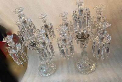  Baccarat 1950 Pair of Candlesticks 4 Branchs Beaded Bases and Signed in Relief Baccarat