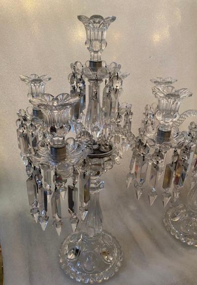  Baccarat 1950 Pair of Candlesticks 4 Branchs Beaded Bases and Signed in Relief Baccarat