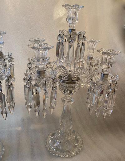  Baccarat 1950 Pair of Candlesticks 4 Branchs Beaded Bases and Signed in Relief Baccarat