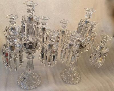  Baccarat 1950 Pair of Candlesticks 4 Branchs Beaded Bases and Signed in Relief Baccarat