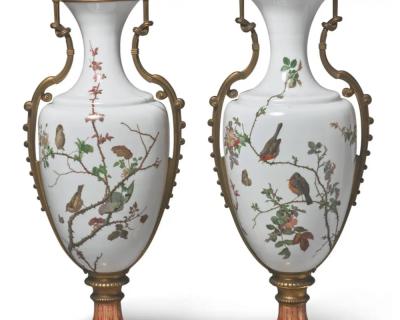  Baccarat A Monumental Exhibition Pair Of Baccarat Opaline Glass Bronze Mounted Vases