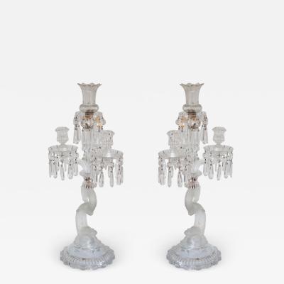  Baccarat Antique Pair of Baccarat Dolphin Clear Crystal Four Candle Candelabras
