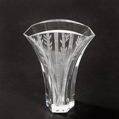  Baccarat Mid Century Modernist Ginkgo Vase with Etched Bamboo Motif signed Baccarat