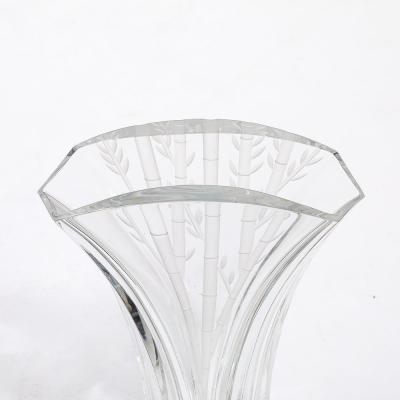  Baccarat Mid Century Modernist Ginkgo Vase with Etched Bamboo Motif signed Baccarat