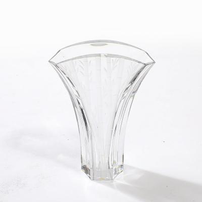  Baccarat Mid Century Modernist Ginkgo Vase with Etched Bamboo Motif signed Baccarat