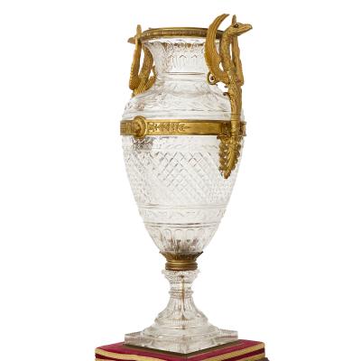  Baccarat Monumental Pair of Cut Crystal and Gilt Bronze Vases by Baccarat