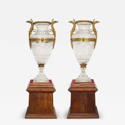  Baccarat Monumental Pair of Cut Crystal and Gilt Bronze Vases by Baccarat