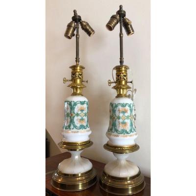  Baccarat Pair of Antique Baccarat French Opaline Glass Designer Table Lamps
