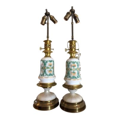  Baccarat Pair of Antique Baccarat French Opaline Glass Designer Table Lamps