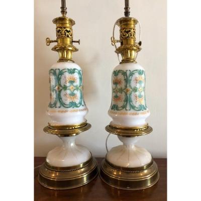  Baccarat Pair of Antique Baccarat French Opaline Glass Designer Table Lamps