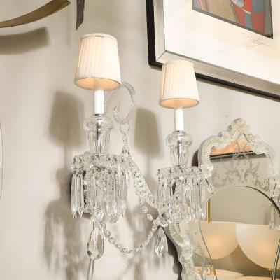 Baccarat Pair of Neoclassical Two Arm Crystal Sconces W White Shades Manner of Baccarat