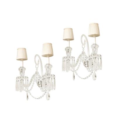  Baccarat Pair of Neoclassical Two Arm Crystal Sconces W White Shades Manner of Baccarat
