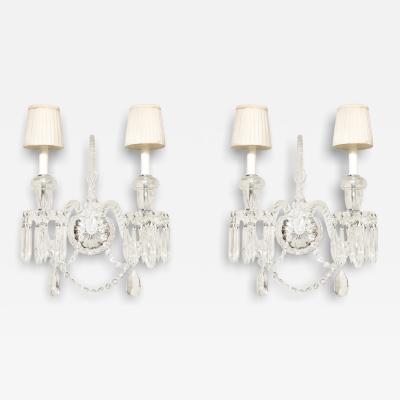  Baccarat Pair of Neoclassical Two Arm Crystal Sconces W White Shades Manner of Baccarat