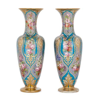  Baccarat Pair of antique French floral glass vases by Baccarat