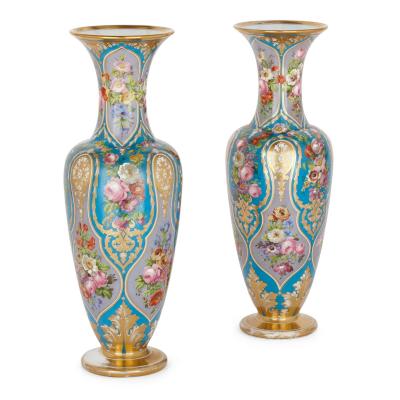  Baccarat Pair of antique French floral glass vases by Baccarat