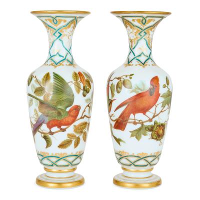  Baccarat Pair of antique French hand painted opaline glass vases by Baccarat