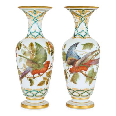  Baccarat Pair of antique French hand painted opaline glass vases by Baccarat