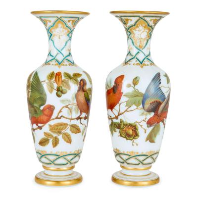  Baccarat Pair of antique French hand painted opaline glass vases by Baccarat