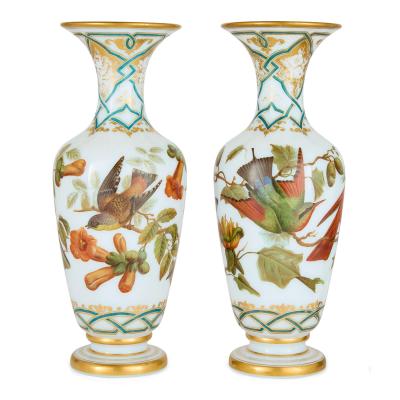  Baccarat Pair of antique French hand painted opaline glass vases by Baccarat