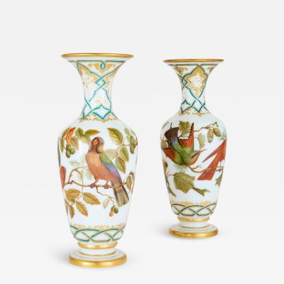  Baccarat Pair of antique French hand painted opaline glass vases by Baccarat