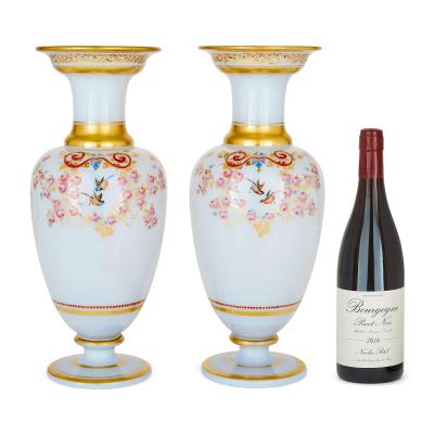  Baccarat Pair of antique floral opaline glass vases by Baccarat