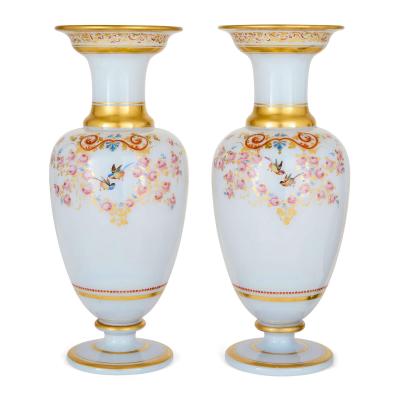  Baccarat Pair of antique floral opaline glass vases by Baccarat