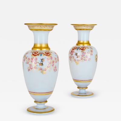  Baccarat Pair of antique floral opaline glass vases by Baccarat