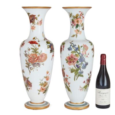  Baccarat Pair of floral opaline glass vases by Baccarat