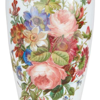  Baccarat Pair of floral opaline glass vases by Baccarat