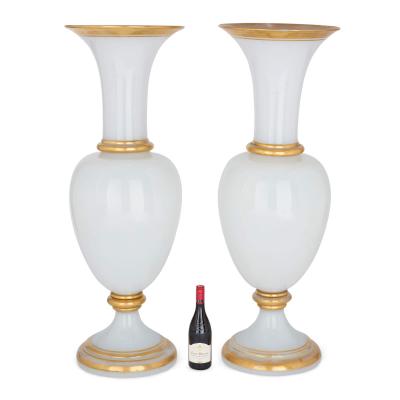  Baccarat Pair of large antique white glass vases by Baccarat