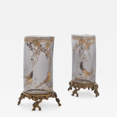  Baccarat Pair of silvered and gilt bronze mounted glass vases by Baccarat