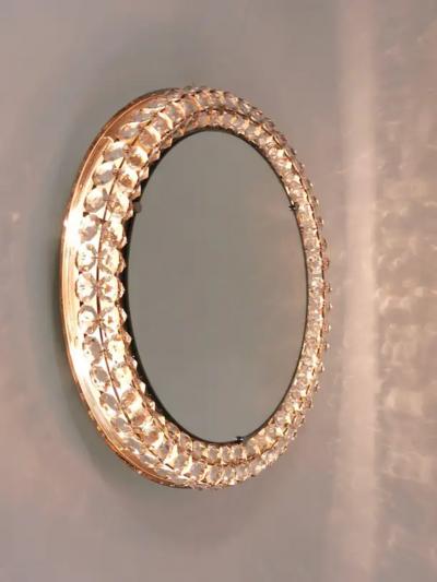  Bakalowits Sohne Bakalowits Vienna Round Backlit Wall Mirror with Huge Crystals Austria 1950s