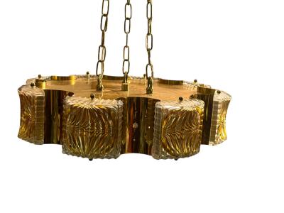  Bakalowits Sohne MODERNIST BRASS CAST CLEAR GOLD GLASS CHANDELIER WITH CRYSTALS
