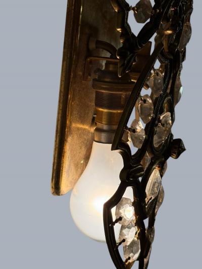  Bakalowits Sohne PAIR OF MID CENTURY BRASS FILAGREE FACETED CRYSTAL WALL SCONCES
