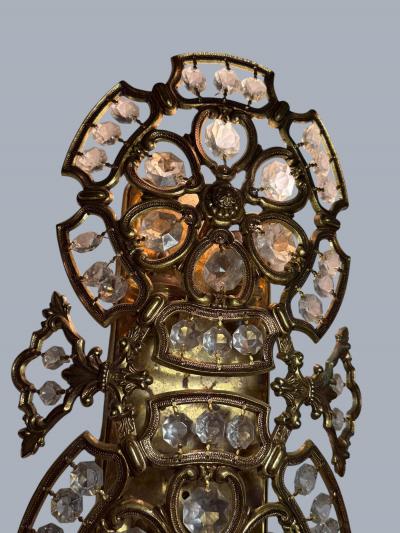  Bakalowits Sohne PAIR OF MID CENTURY BRASS FILAGREE FACETED CRYSTAL WALL SCONCES