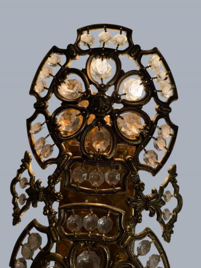  Bakalowits Sohne PAIR OF MID CENTURY BRASS FILAGREE FACETED CRYSTAL WALL SCONCES