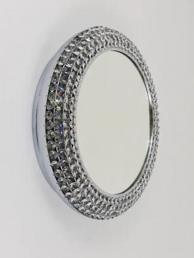 Bakalowits Sohne Round Bakalowits Style Faceted Crystal Chrome Backlit Wall Mirror 1960s
