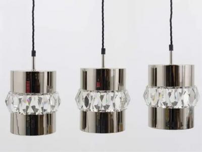  Bakalowits Sohne Three Bakalowits Nickel Brass and Faceted Crystal Pendant Lamps Austria 1950s
