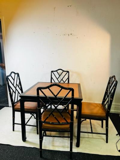  Baker Furniture Company BLACK LACQUER CHINOISERIE DINING TABLE AND FOUR BAMBOO CHAIRS BY BAKER