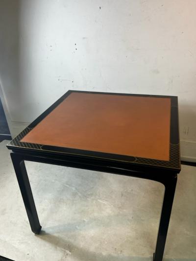  Baker Furniture Company BLACK LACQUER CHINOISERIE DINING TABLE AND FOUR BAMBOO CHAIRS BY BAKER