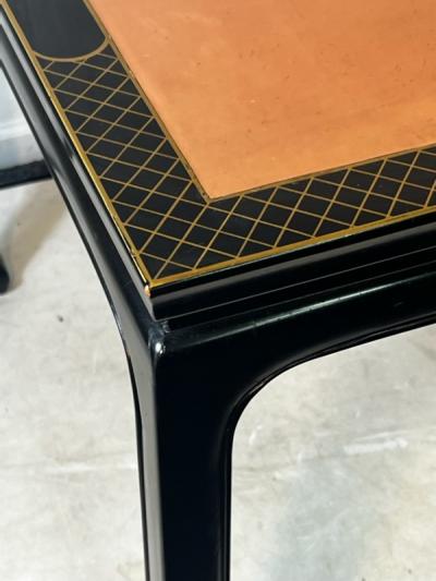  Baker Furniture Company BLACK LACQUER CHINOISERIE DINING TABLE AND FOUR BAMBOO CHAIRS BY BAKER