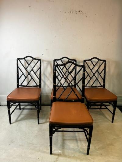  Baker Furniture Company BLACK LACQUER CHINOISERIE DINING TABLE AND FOUR BAMBOO CHAIRS BY BAKER