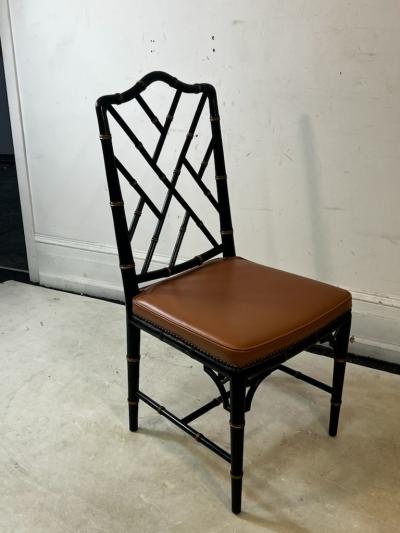  Baker Furniture Company BLACK LACQUER CHINOISERIE DINING TABLE AND FOUR BAMBOO CHAIRS BY BAKER