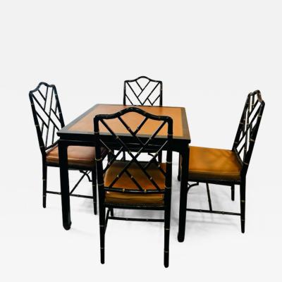  Baker Furniture Company BLACK LACQUER CHINOISERIE DINING TABLE AND FOUR BAMBOO CHAIRS BY BAKER